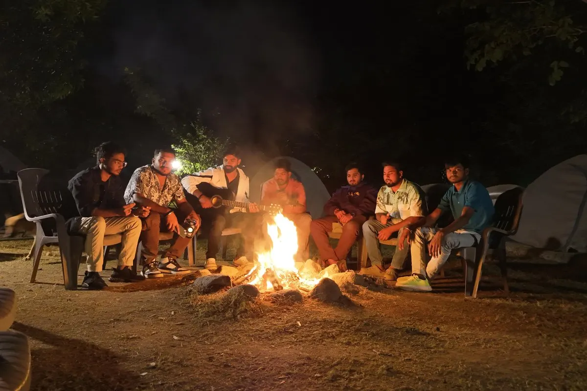 Bonfire night with friends at Sarpanpally Lake camping, Ananthagiri Hills